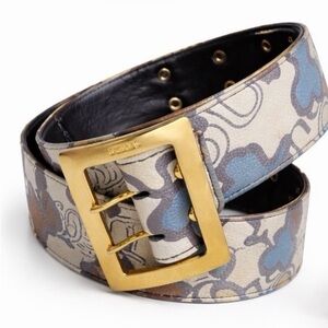 TOUS Wide Leather Belt Gold Buckle Logo Print Size L 85–95 cm